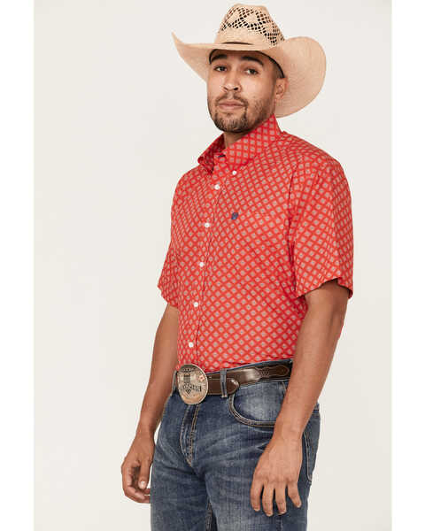 Cinch Men's Diamond Geo Print Short Sleeve Button Down Western Shirt , Red, hi-res