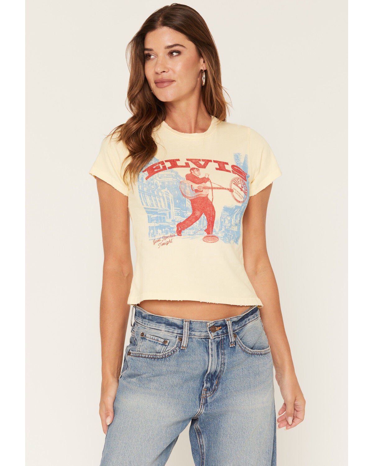 Image #1 - Daydreamer Women's Sun Records X Elvis Good Rockin Short Sleeve Graphic Baby Tee, Yellow, hi-res