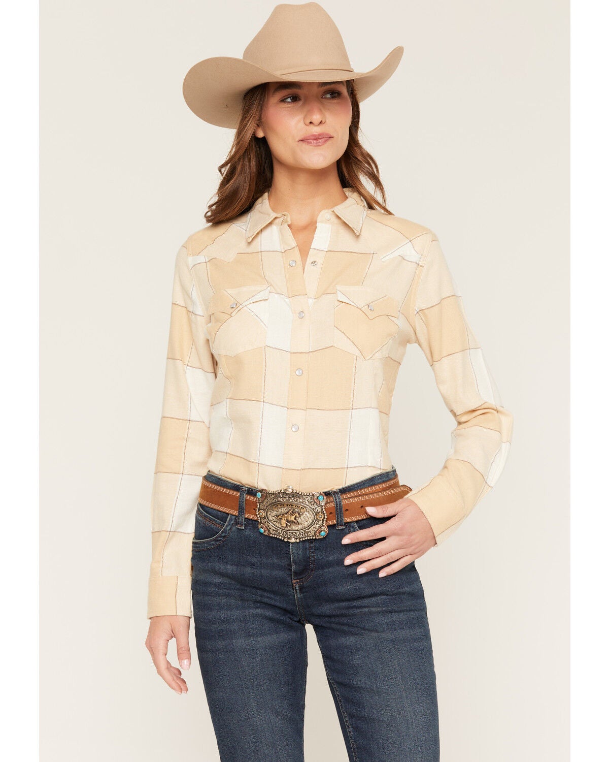 Image #1 - Wrangler Retro Women's Boot Barn Exclusive Plaid Print Long Sleeve Pearl Snap Flannel Shirt, Beige, hi-res
