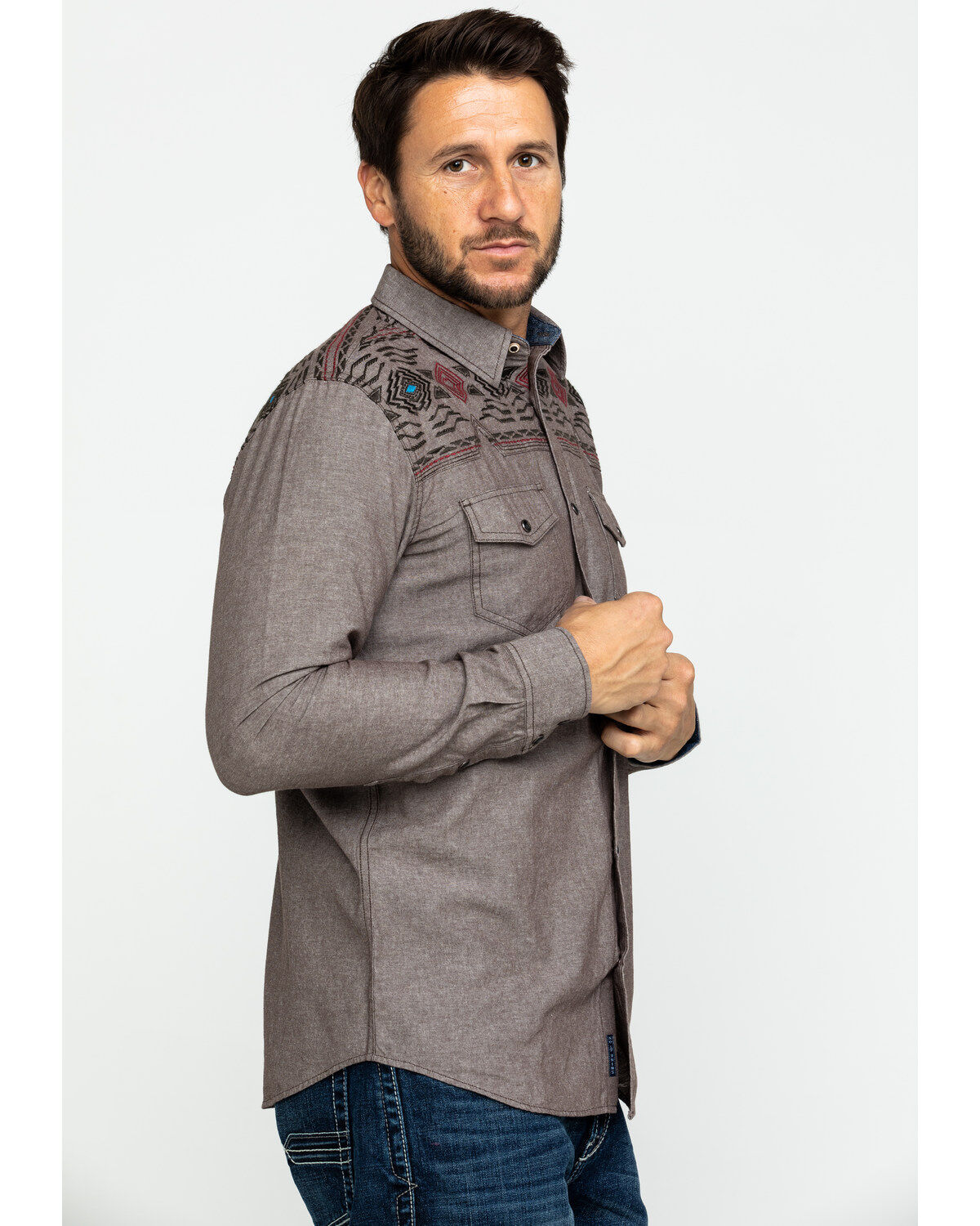 Image #3 - Moonshine Spirit Men's Peace Pipe Solid Aztec Embroidered Long Sleeve Western Shirt , , hi-res