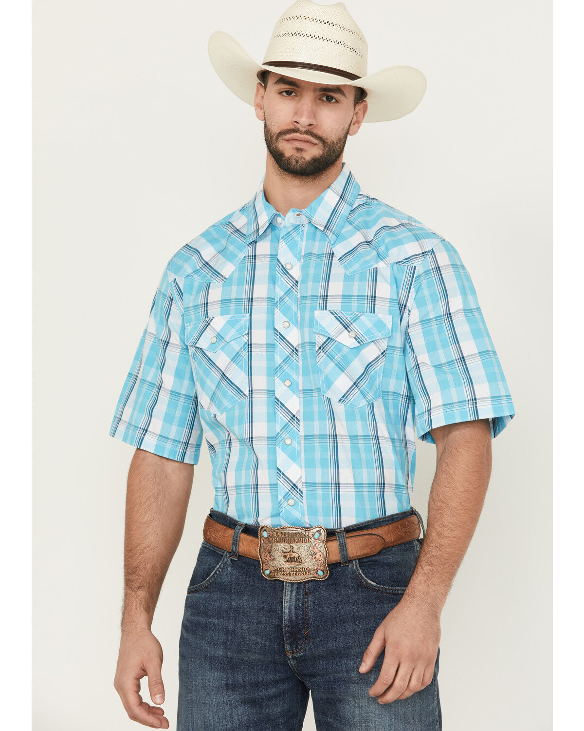 Image #1 - Wrangler Men's 20X Plaid Print Short Sleeve Snap Stretch Western Shirt - Tall, Turquoise, hi-res