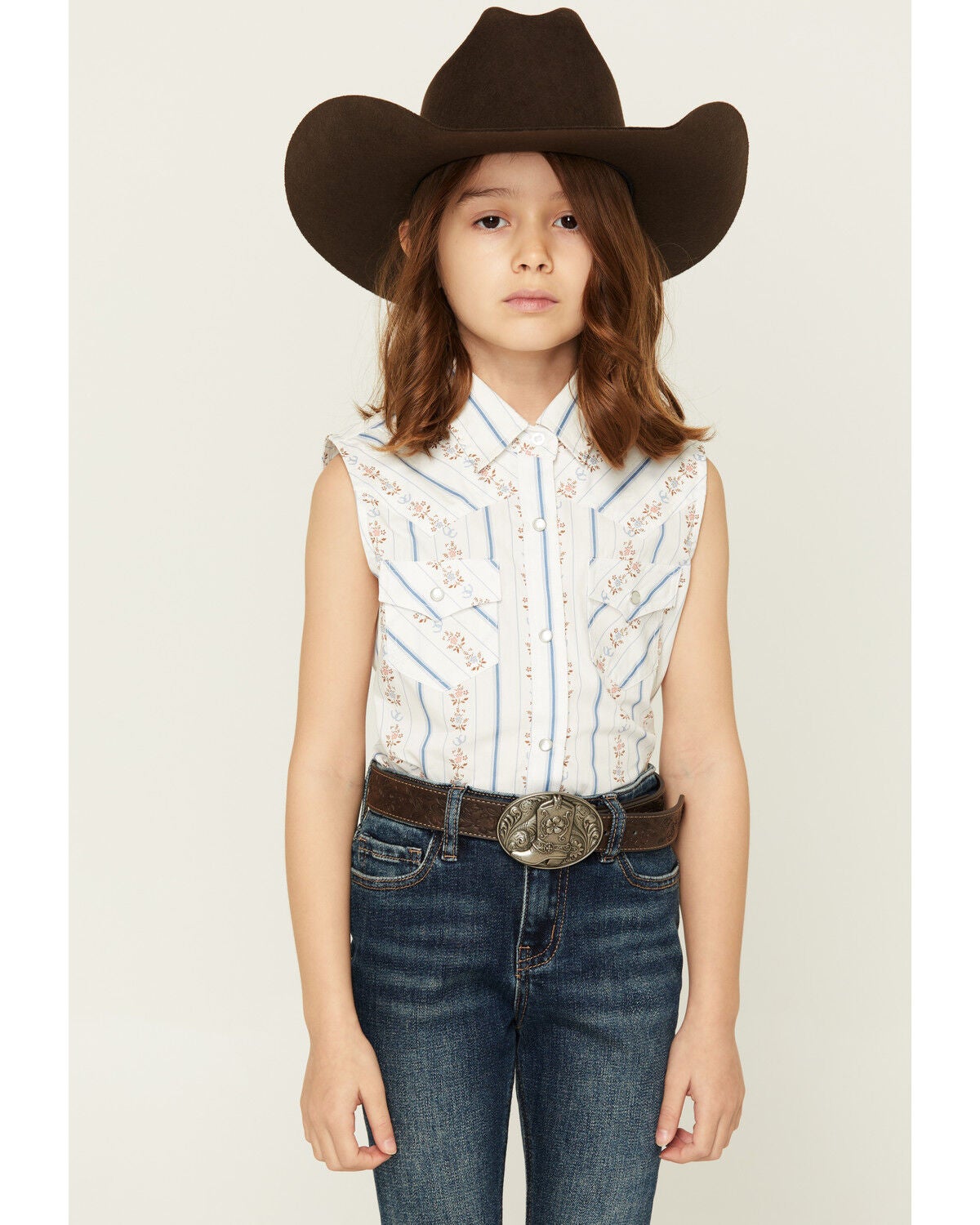 Ely Walker Girls' Horseshoe Wallpaper Sleeveless Snap Western Shirt, White, hi-res