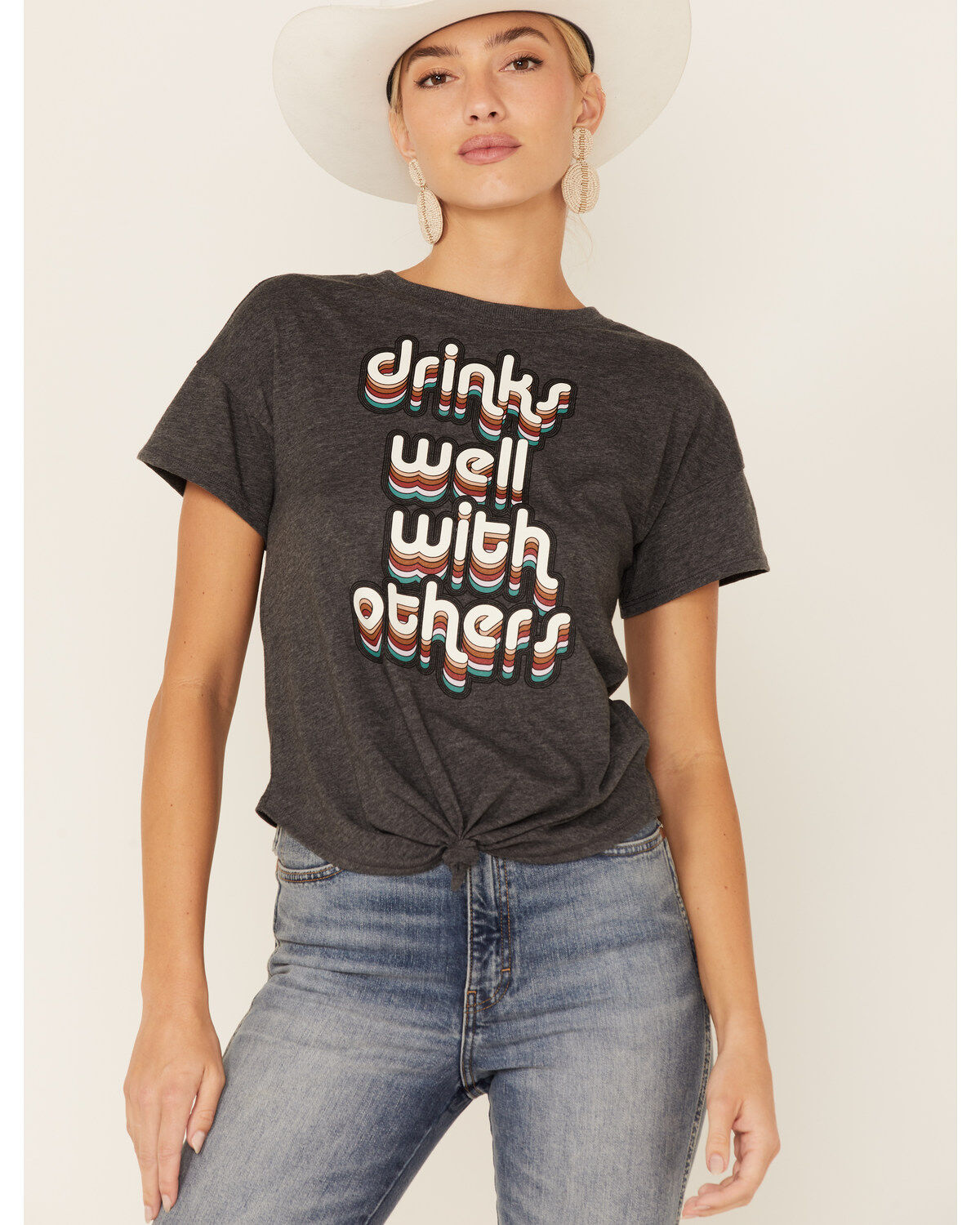 Image #1 - Shyanne Women's Charcoal Drinks Well With Others Graphic Tie-Bottom Short Sleeve Tee, , hi-res