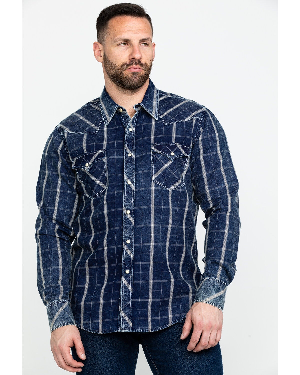 Rock & Roll Denim Men's Crinkle Plaid Long Sleeve Western Shirt, Blue, hi-res