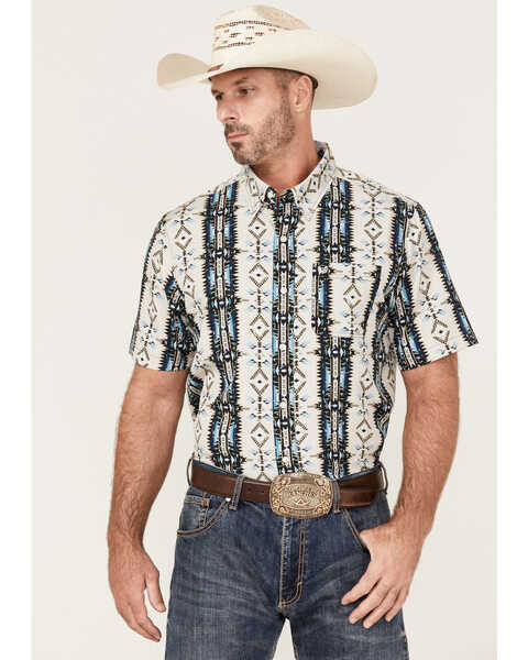 Panhandle Men's Performance Southwestern Print Short Sleeve Button-Down Western Shirt , Blue, hi-res