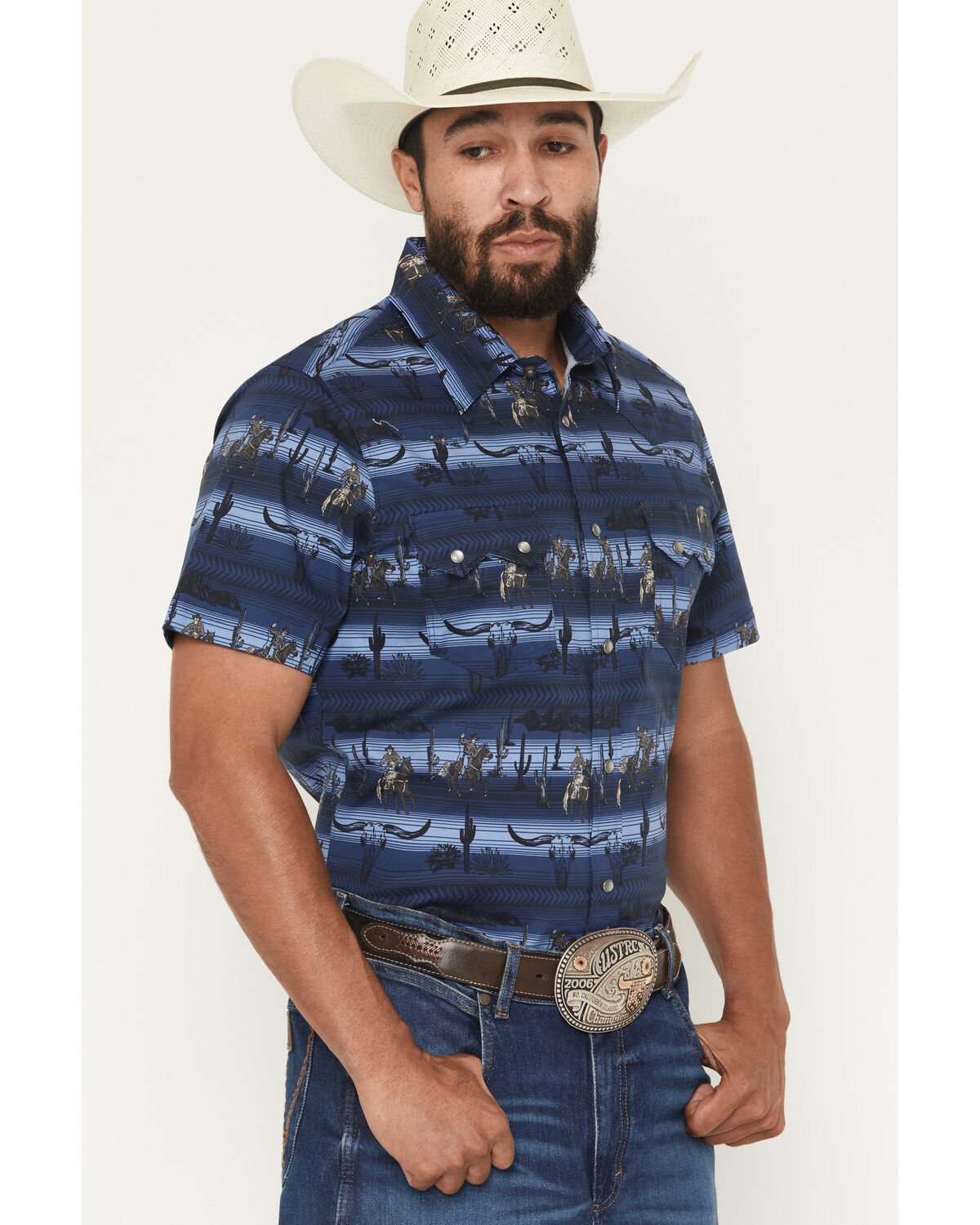 Image #2 - Rock & Roll Denim Men's Serape Striped Steerhead Short Sleeve Snap Stretch Western Shirt, Navy, hi-res
