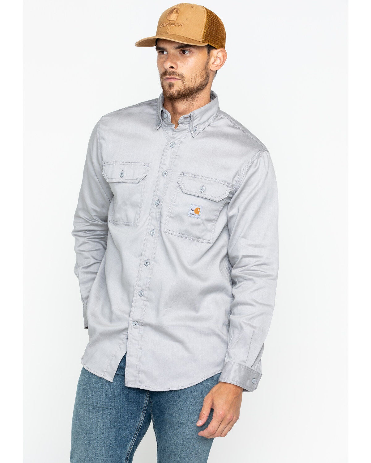 Carhartt Men's FR Solid Twill Long Sleeve Work Shirt, Grey, hi-res