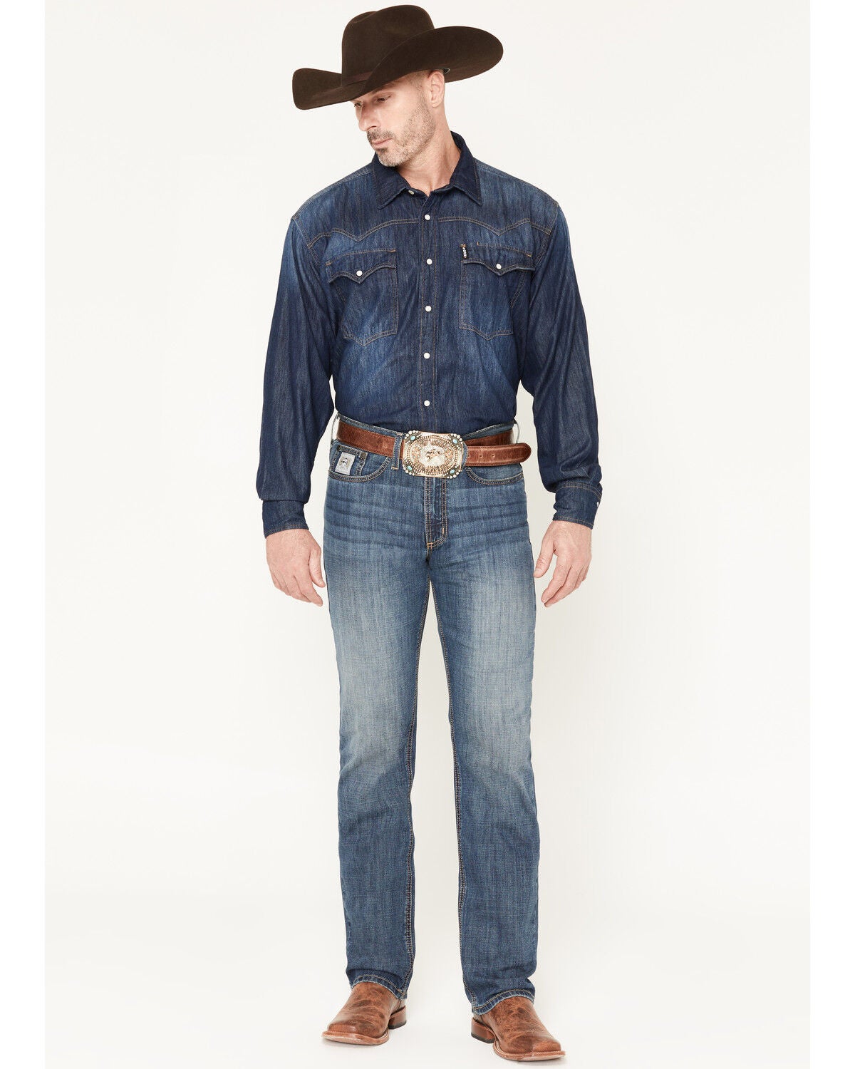 Cinch Men's Silver Label Medium Stonewash Slim Straight Performance Stretch Denim Jeans, Medium Wash, hi-res