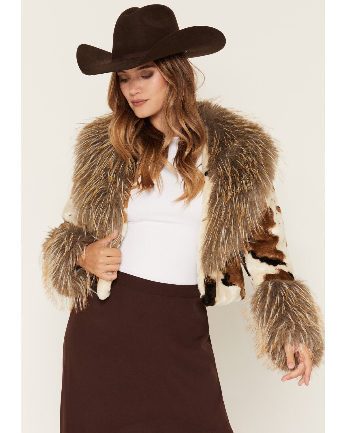 Image #1 - Azalea Wang Women's Bree Cow Print Faux Fur Cropped Jacket, Multi, hi-res