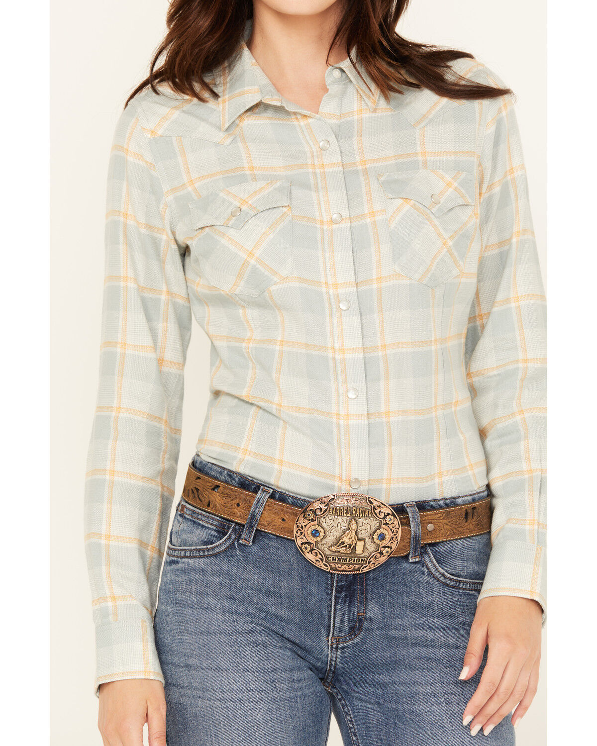 Image #3 - Wrangler Retro Women's Boot Barn Exclusive Plaid Print Long Sleeve Pearl Snap Western Shirt, Light Blue, hi-res