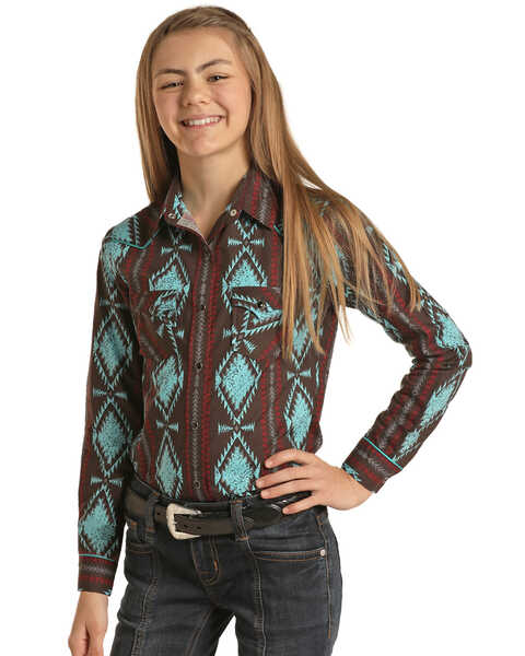 Rock & Roll Denim Girls' Brown Southwestern Print Long Sleeve Snap Western Shirt , Brown, hi-res