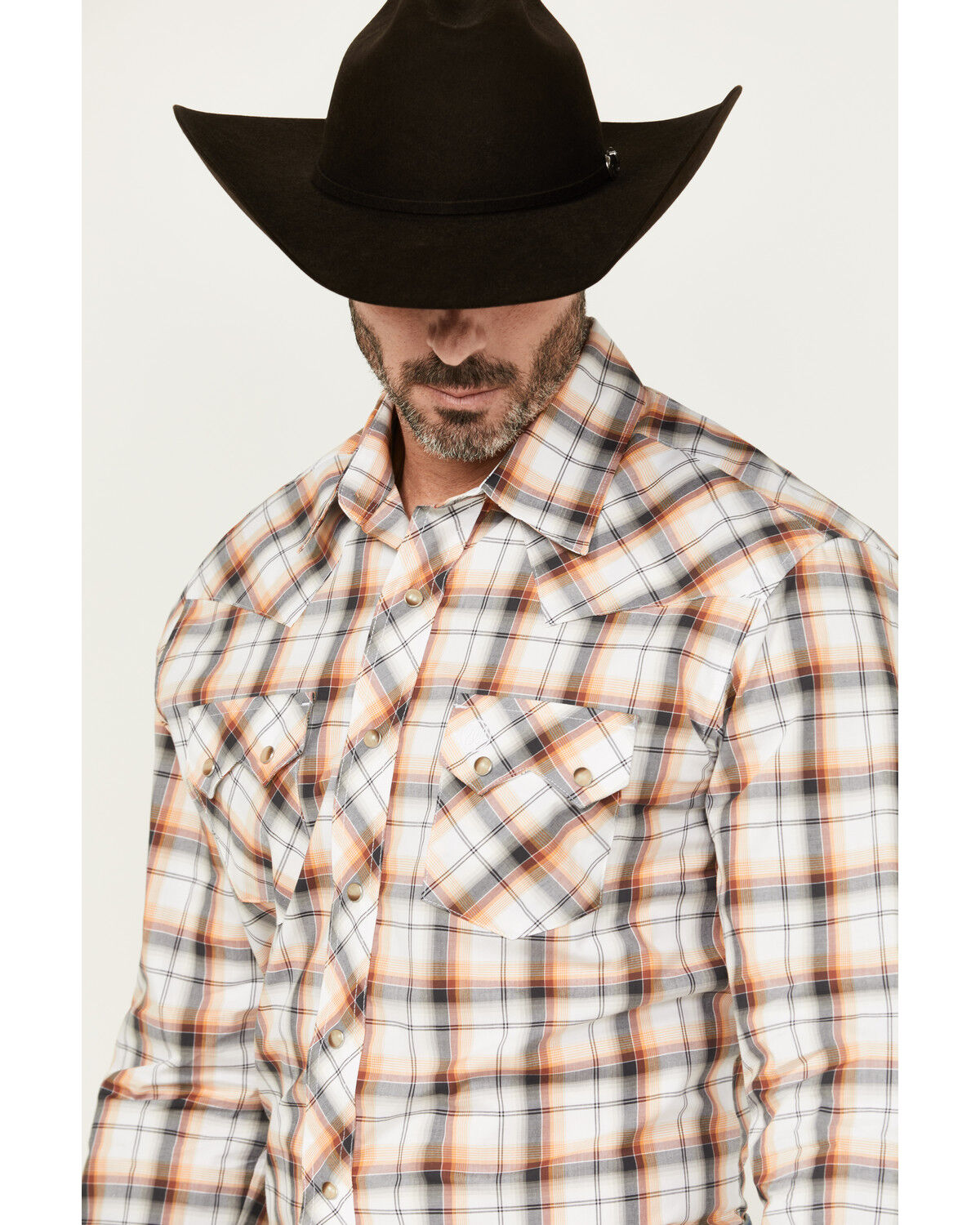 Image #2 - Wrangler Retro Men's Plaid Print Long Sleeve Snap Western Shirt, Orange, hi-res