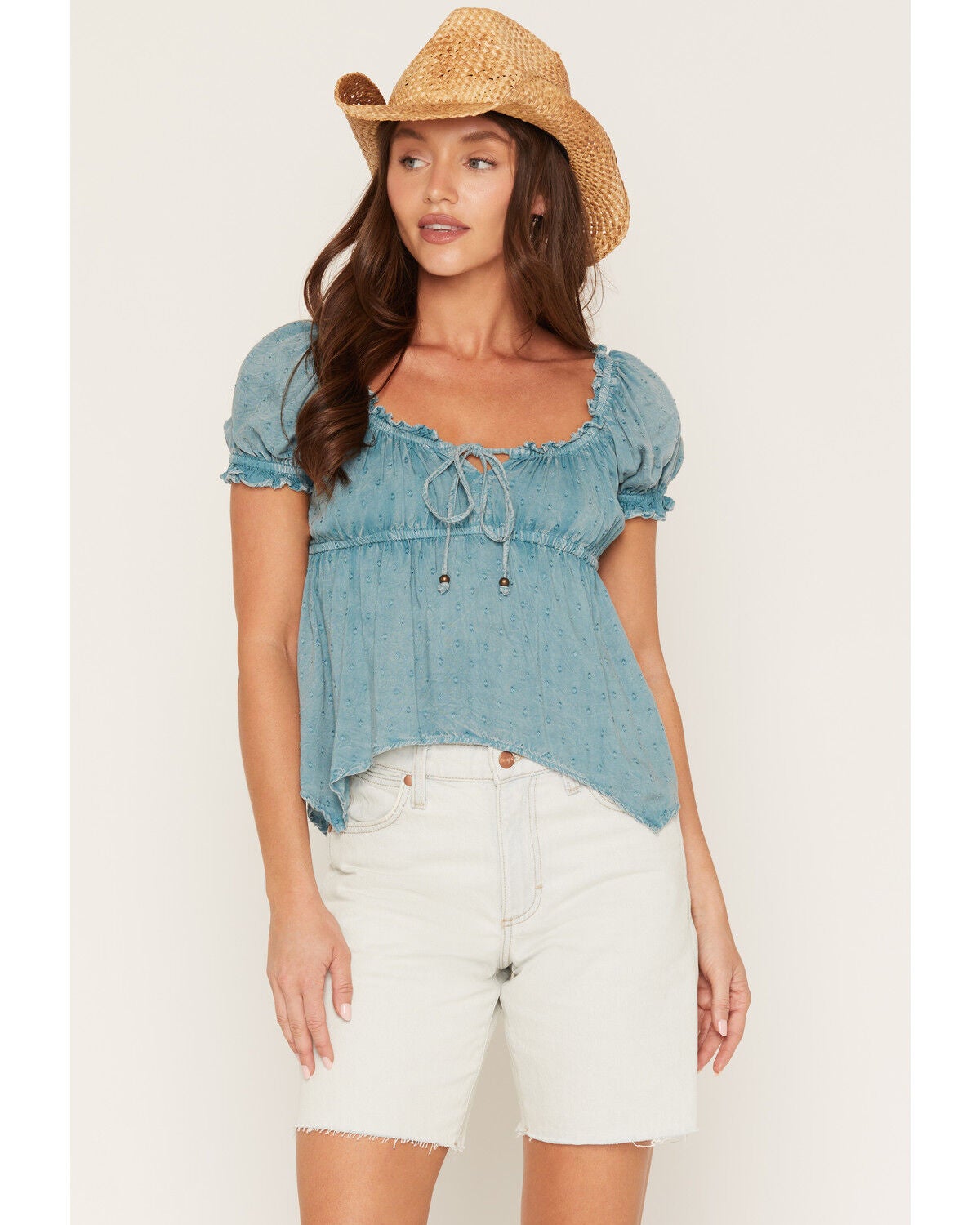 Image #1 - Angie Women's Gathered Self Tie Short Sleeve Top, Blue, hi-res