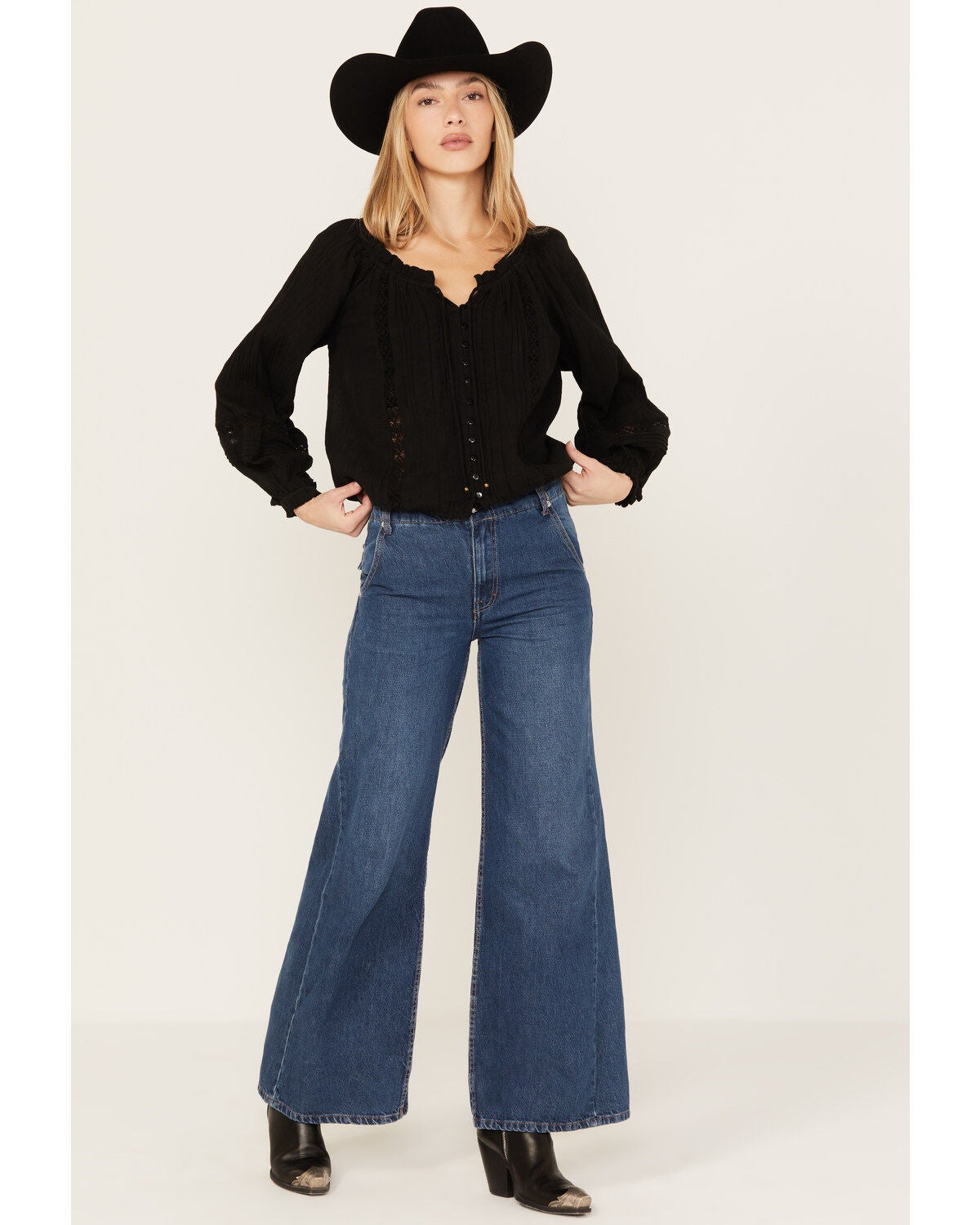 Revel Women's Long Sleeve Peasant Top, Black, hi-res