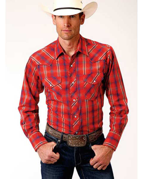 Roper Men's Red Plaid Southwestern Embroidered Long Sleeve Western Shirt , Red, hi-res