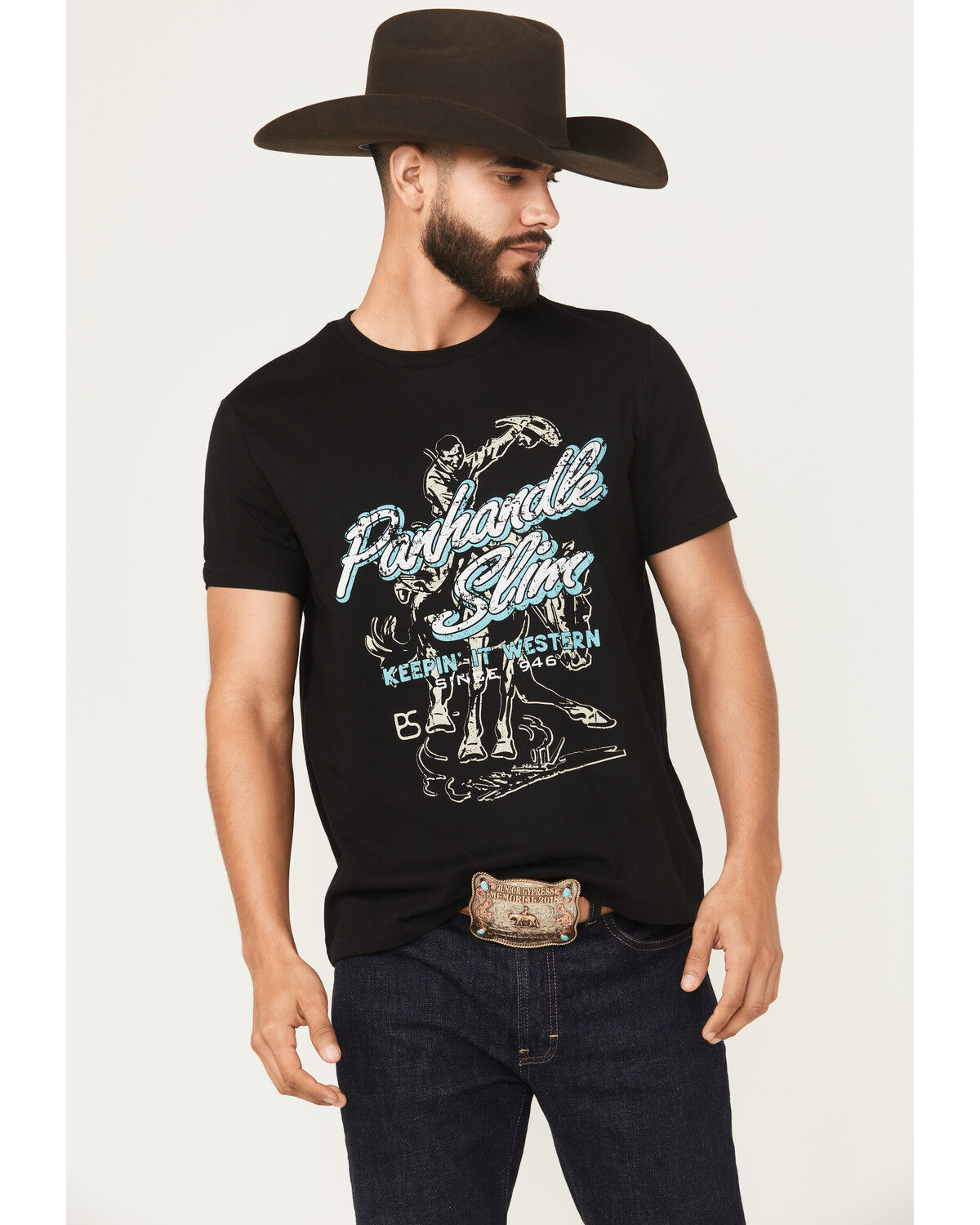 Image #1 - Panhandle Slim Men's Cowboy Short Sleeve Graphic T-Shirt, Black, hi-res