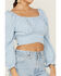 Beyond The Radar Women's Gingham Print Tie Back Crop Top, Blue, hi-res