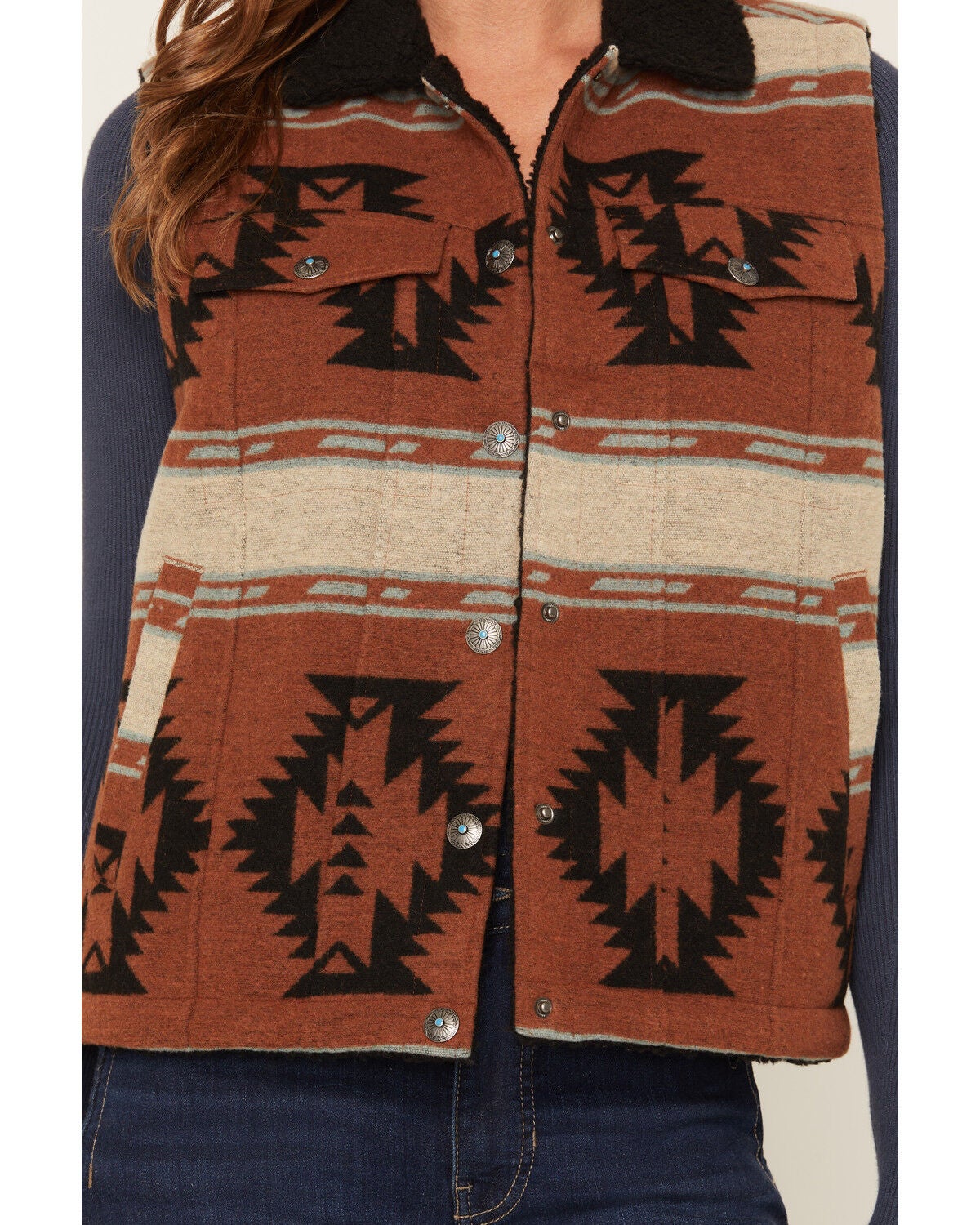 Image #3 - Shyanne Women's Timberline Reversible Southwestern Print Sherpa Lined Blanket Vest, Saddle, hi-res
