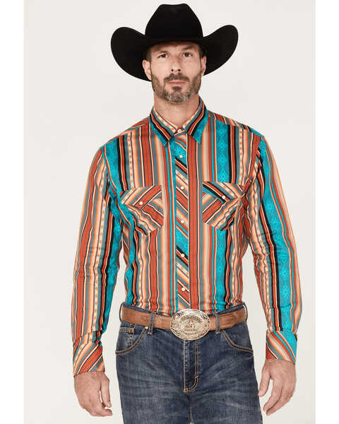 Rock & Roll Denim Men's Southwestern Stripe Stretch Long Sleeve Snap Shirt , Turquoise, hi-res