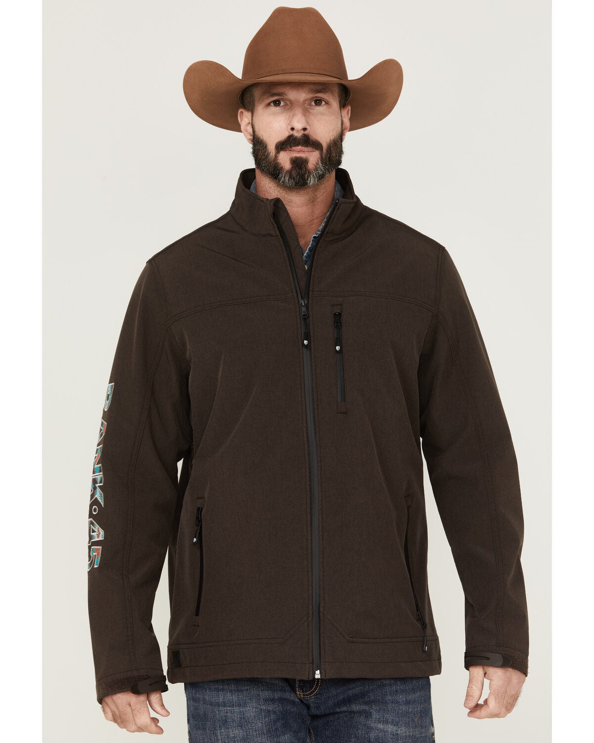 Image #1 - RANK 45&reg; Men's Rodeo Southwestern Logo Sleeve Zip-Front Softshell Jacket, , hi-res