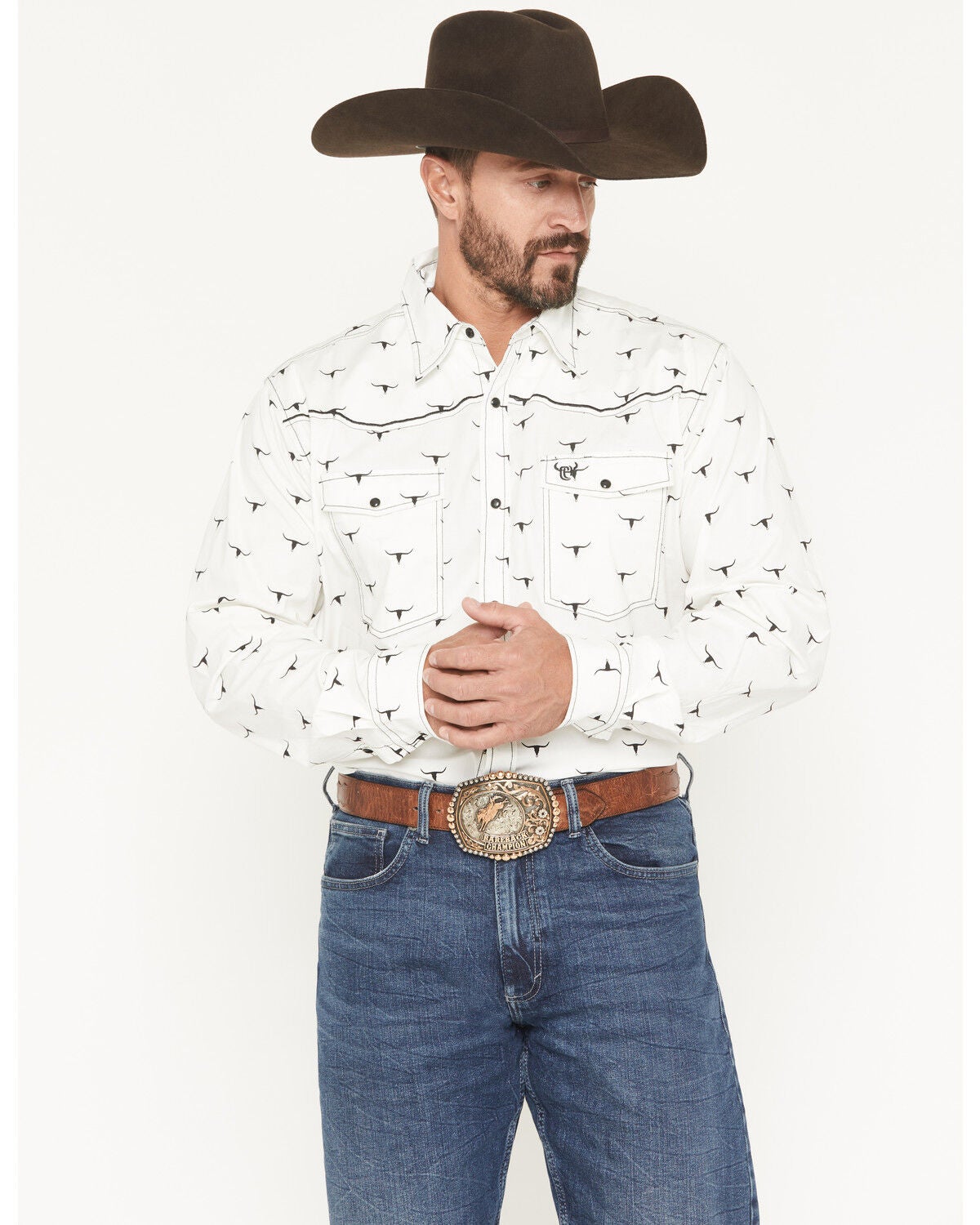 Image #1 - Cowboy Hardware Men's Steerhead Print Long Sleeve Snap Stretch Western Shirt, White, hi-res