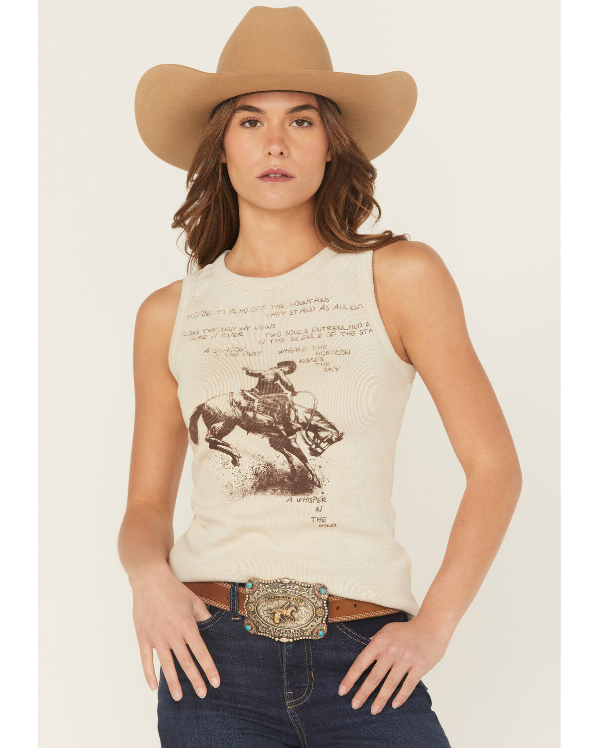 Shyanne Women's Bucking Horse Rib Knit Tank Top, Oatmeal, hi-res