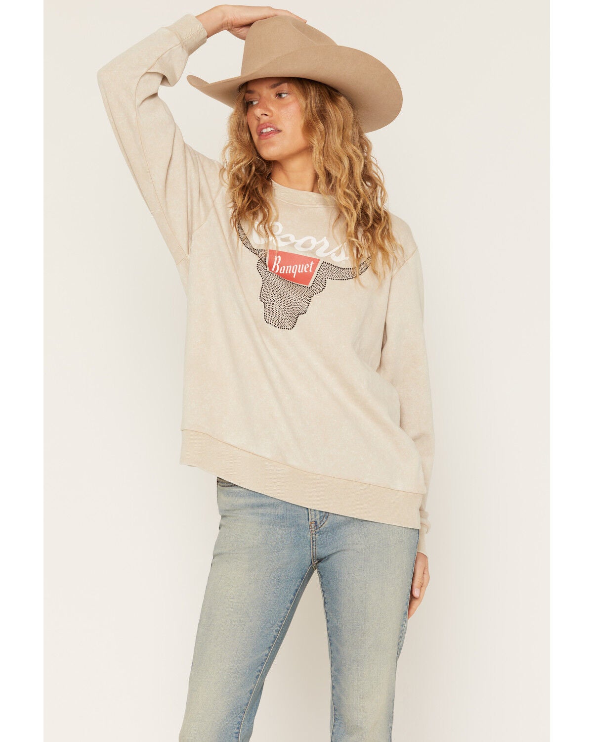 Coors Women's Rhinestone Steer Head Crew Neck Sweatshirt, Tan, hi-res