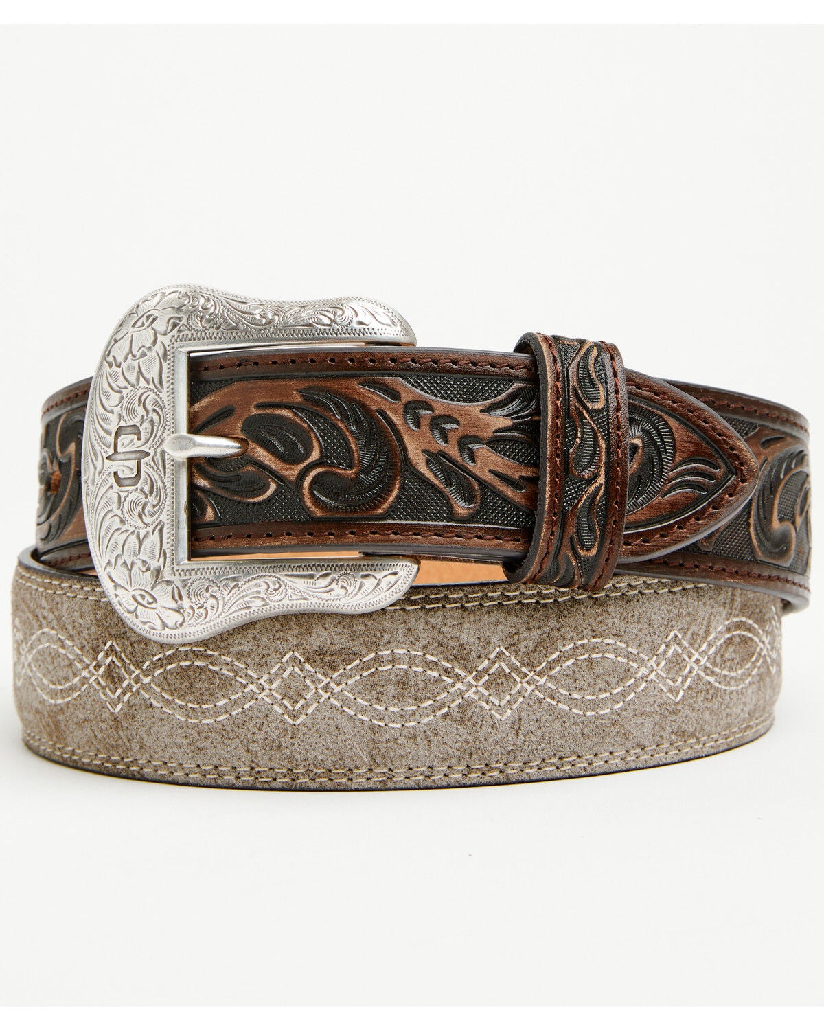 Image #1 - Stetson Men's Tooled Leather Belt, Taupe, hi-res