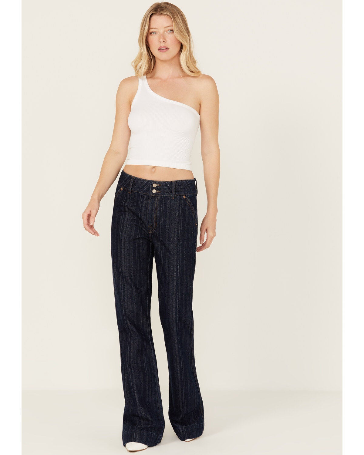 Rock & Roll Denim Women's Dark Wash High Rise Striped Jacquard Trouser Jeans, Dark Wash, hi-res