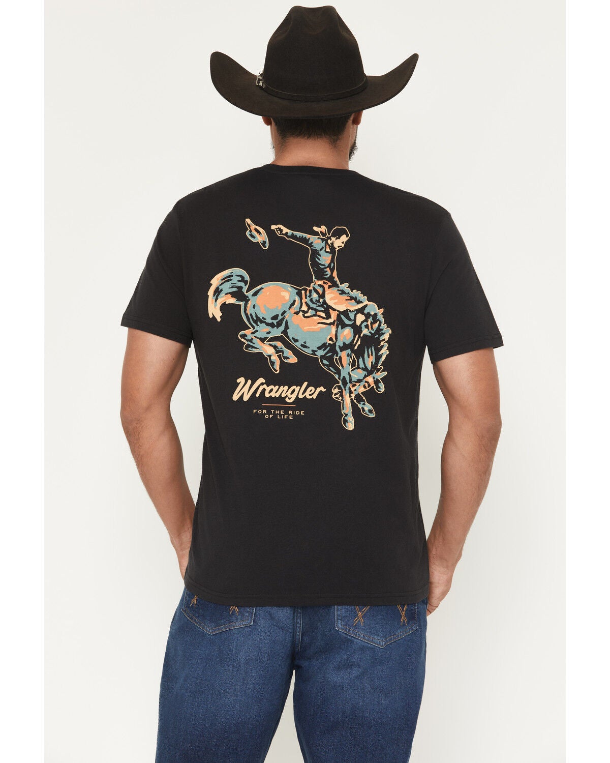 Image #1 - Wrangler Men's Boot Barn Exclusive Pastel Cowboy Short Sleeve Graphic T-Shirt, Black, hi-res