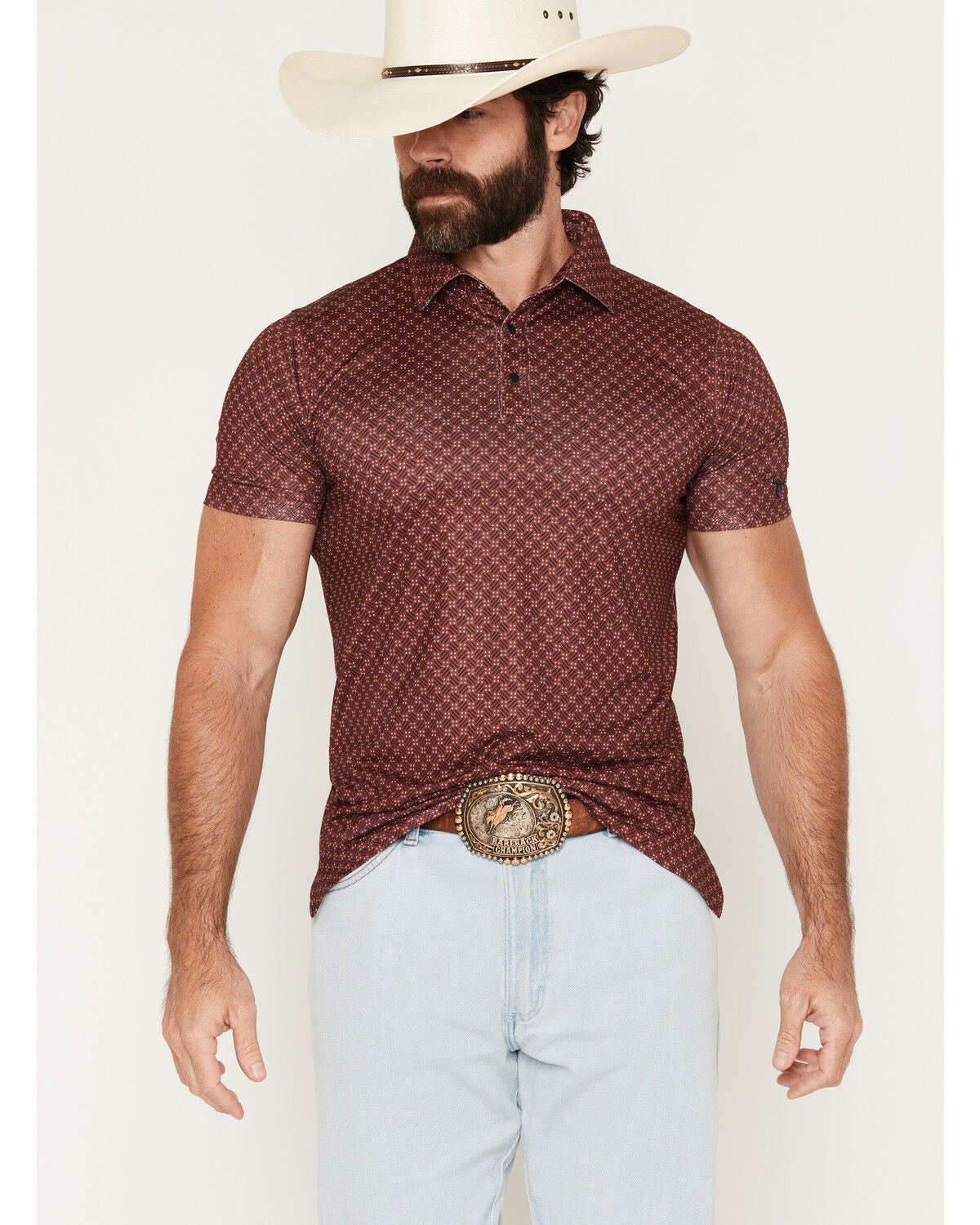 Cowboy Hardware Men's Mose Geo Print Short Sleeve Snap Polo, Maroon, hi-res