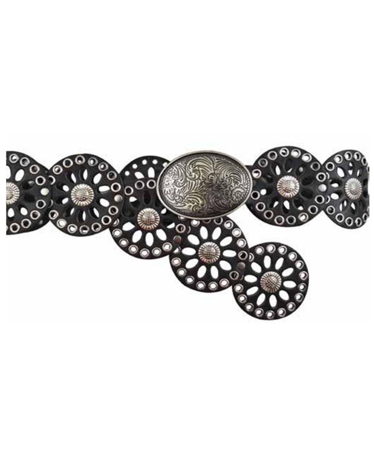 Lyntone Women's Black Round Leather Concho Belt, Black, hi-res