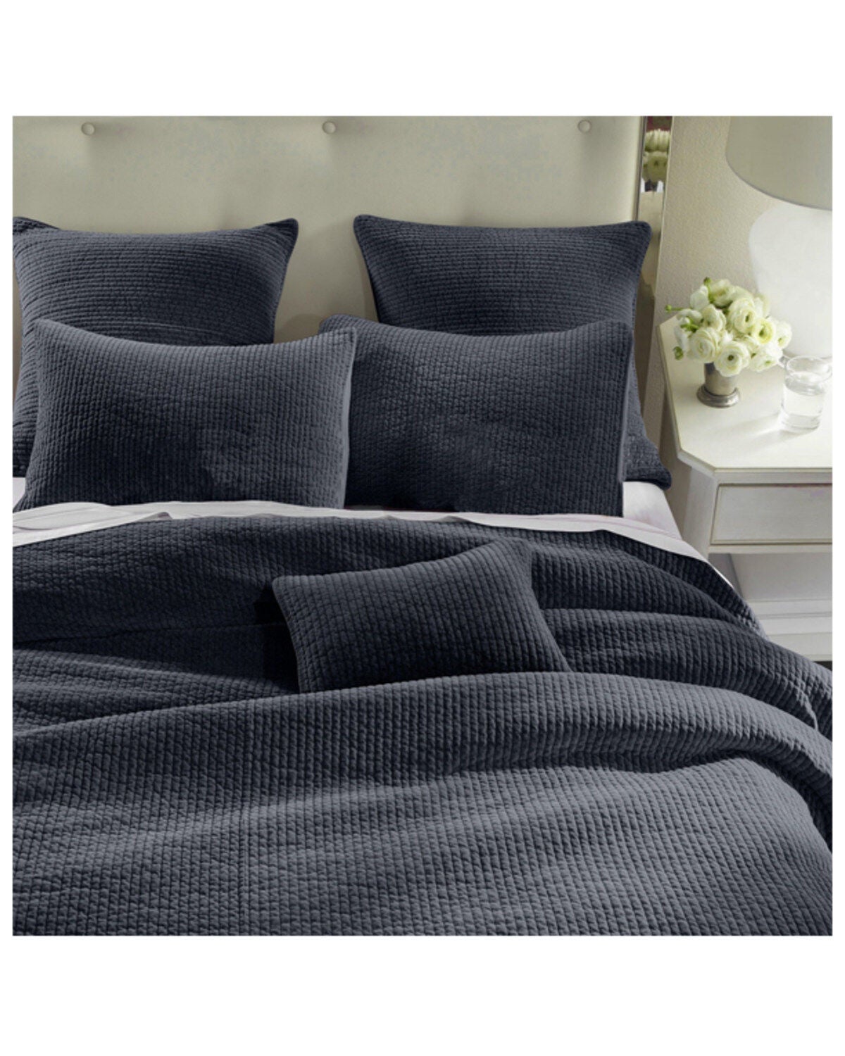 HiEnd Accents Navy Stonewashed Cotton & Velvet 3-Piece Full/Queen Quilt Set, Navy, hi-res