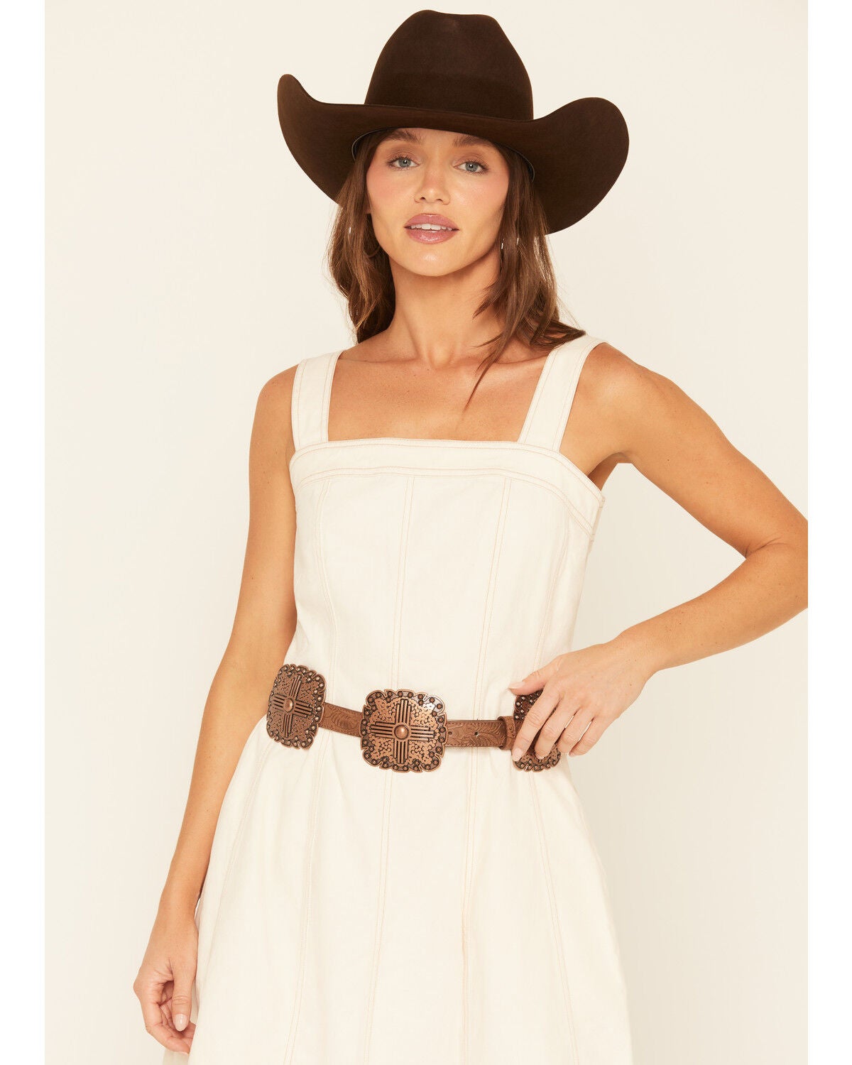 Angel Ranch Women's Concho Leather Belt, Brown, hi-res