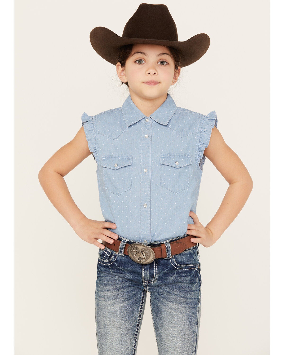 Shyanne Girls' Chambray Pearl Snap Western Shirt, Medium Blue, hi-res
