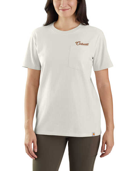 Carhartt Women's Loose Fit Tan Logo Graphic Short Sleeve Work Pocket Tee , Tan, hi-res