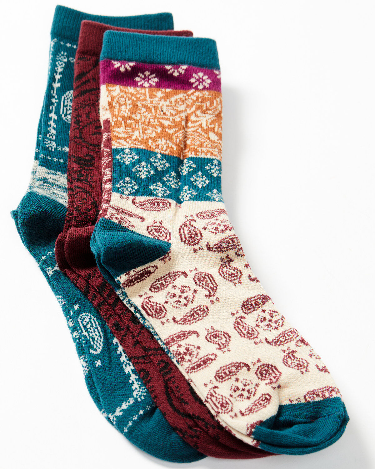 Image #1 - Shyanne Women's Multicolored Patchwork Paisley 3-Pack Crew Socks, Multi, hi-res