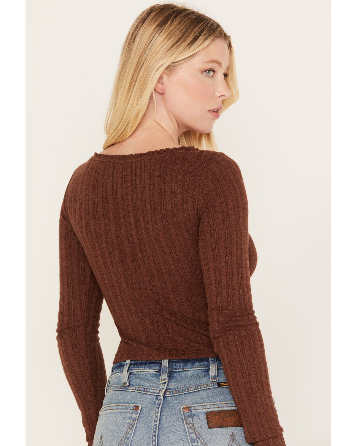 Image #4 - Shyanne Women's Pointelle Ruffle Trim Crop Top, Dark Brown, hi-res