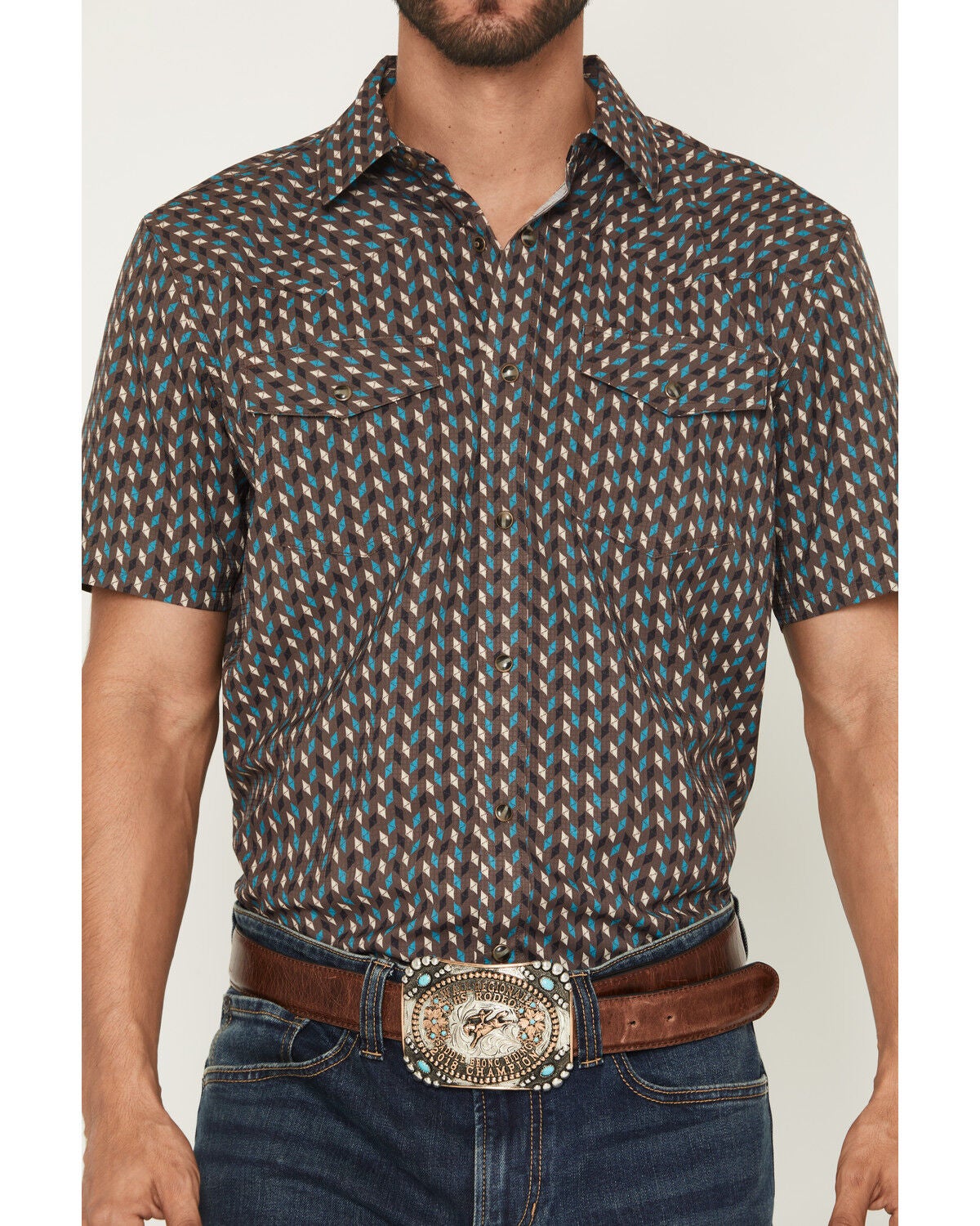 Image #3 - RANK 45&reg; Men's Diamond Geo Print Short Sleeve Snap Performance Shirt, Brown, hi-res