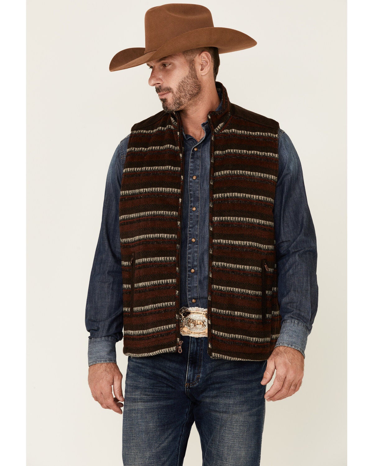 Cripple Creek Men's Navajo Print Zip-Front Blanket Vest, Brown, hi-res