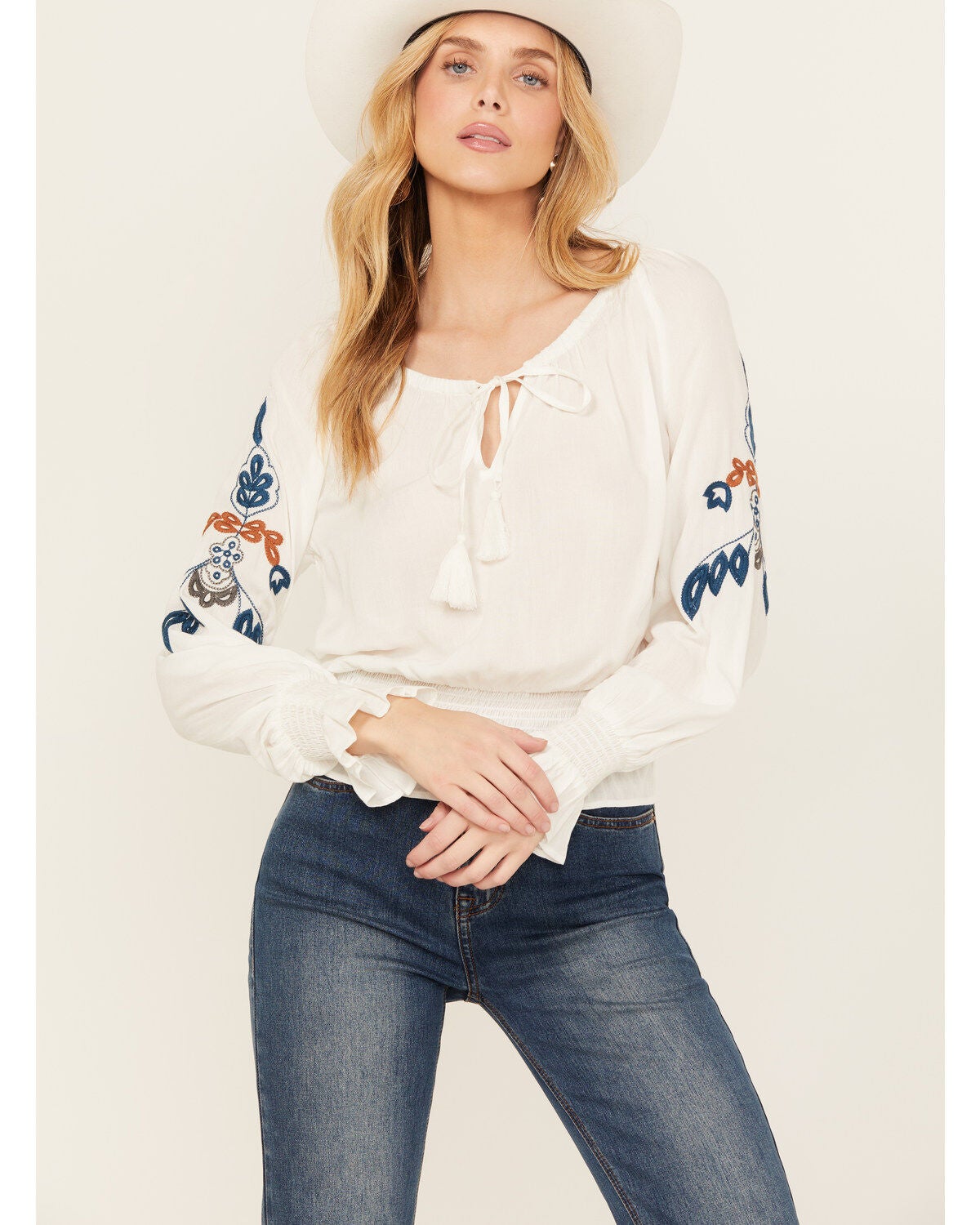 Shyanne Women's Challis Embroidered Long Sleeve Blouse, Cream, hi-res