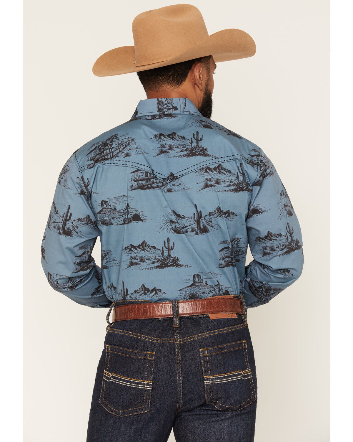 Image #4 - Cowboy Hardware Men's Western Scenery Print Long Sleeve Snap Stretch Western Shirt, Indigo, hi-res