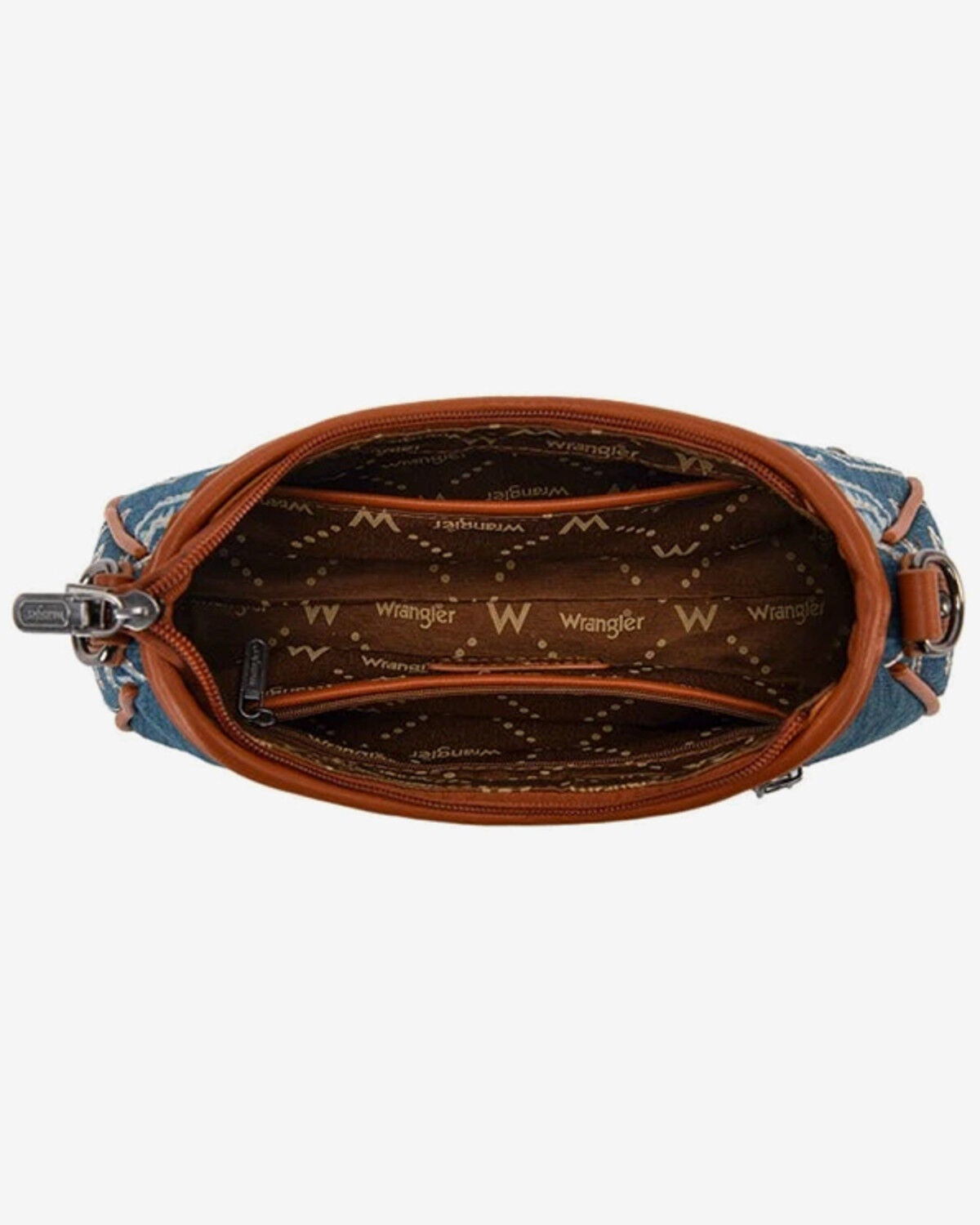 Image #2 - Wrangler Women's Southwestern Print Studded Denim Shoulder Bag with Mini Pouch, Dark Wash, hi-res