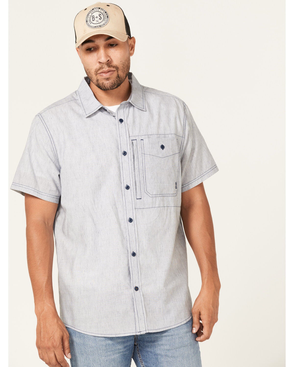 Brothers and Sons Men's Performance Short Sleeve Button Down Western Shirt, Navy, hi-res
