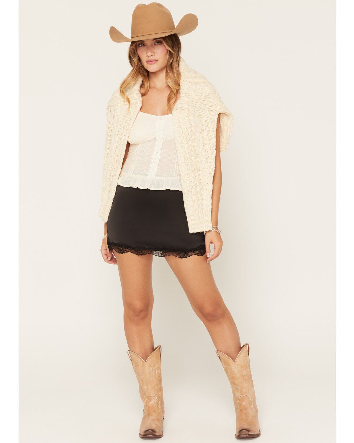 Cleo + Wolf Women's Lace Trim Satin Mini Skort, Black, hi-res
