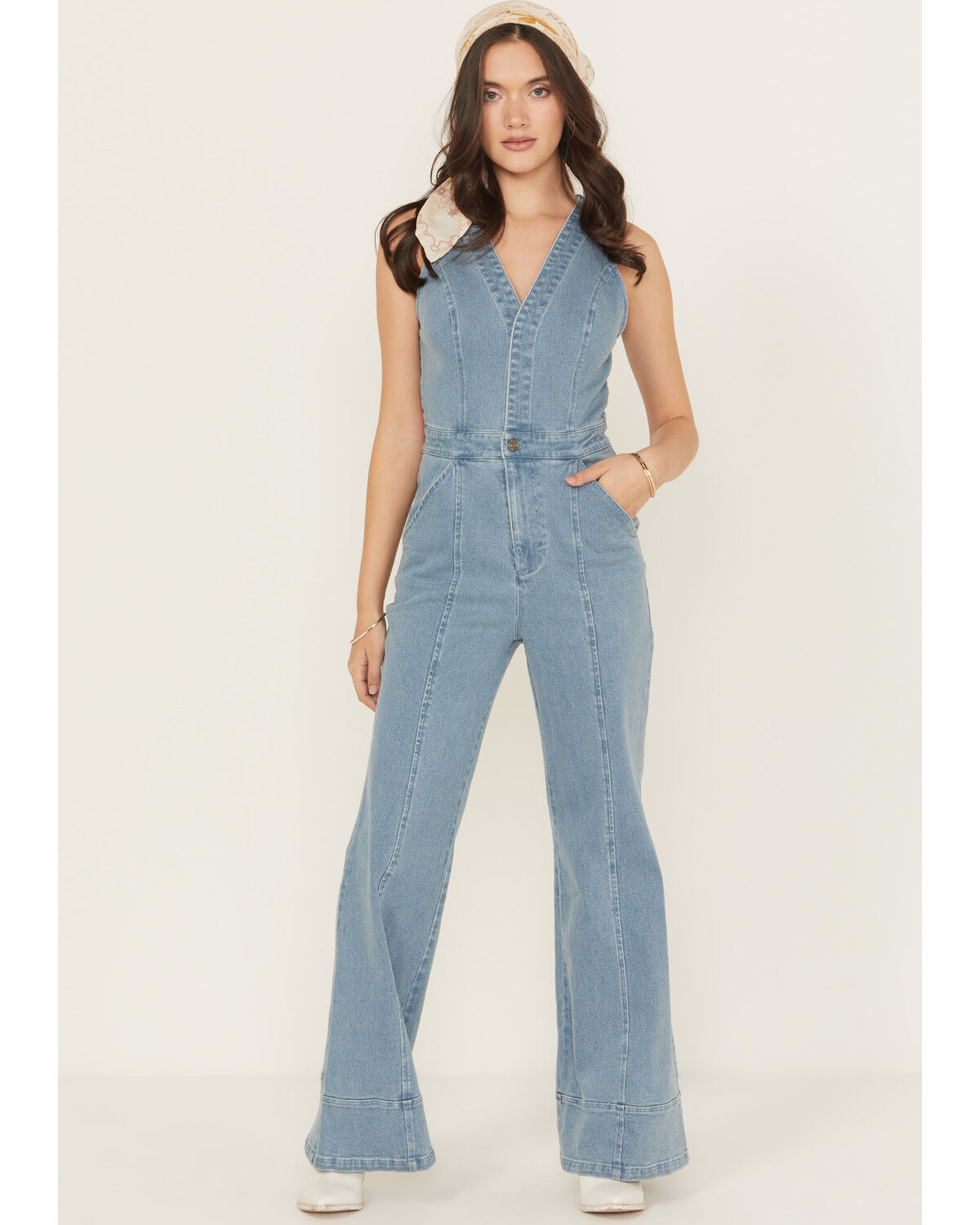 Product Name:  Flying Tomato Women's Light Wash Open Back Denim Jumpsuit