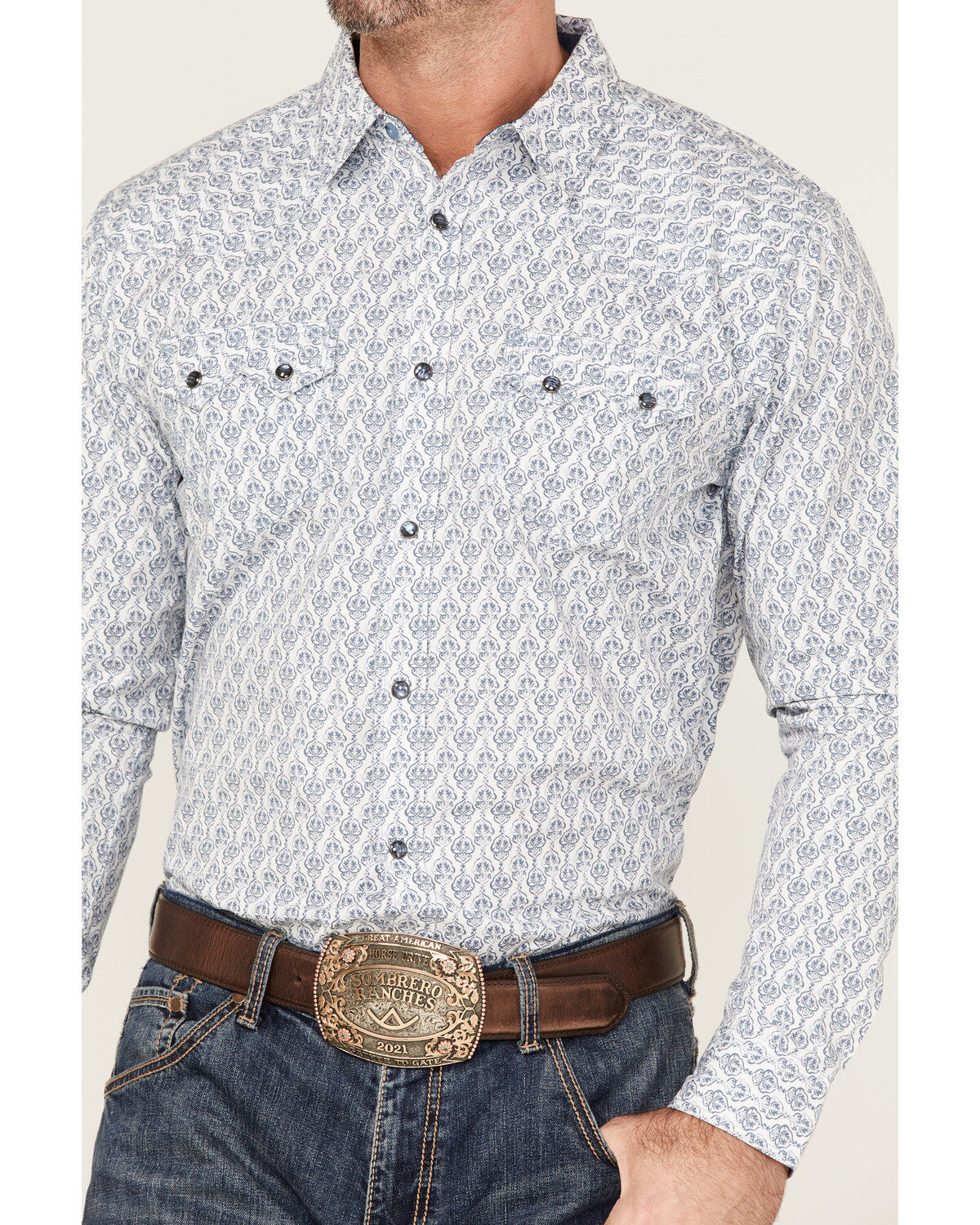 Moonshine Spirit Men's Temple Medallion Floral Print Long Sleeve Snap Western Shirt