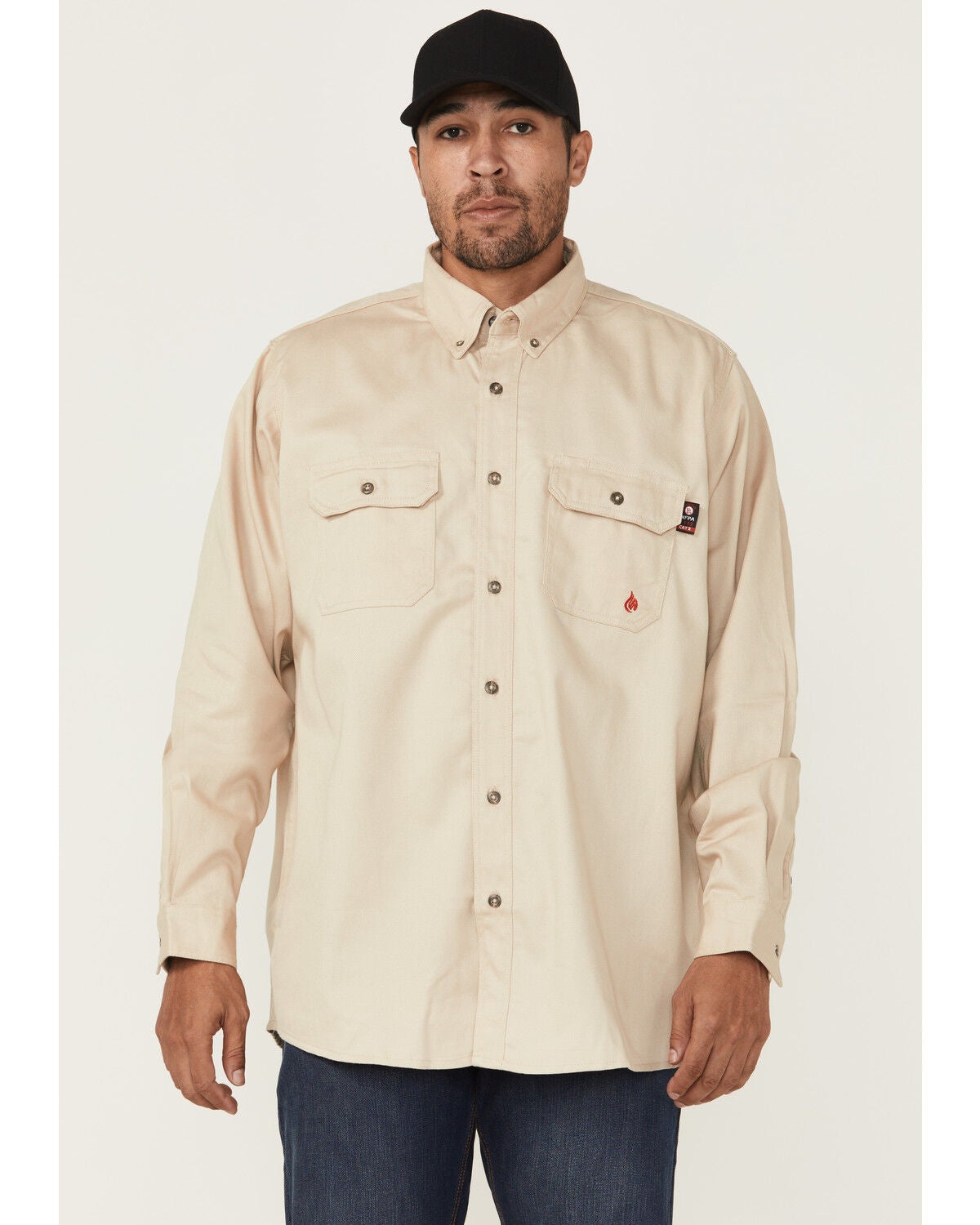 Forge Workwear Men's FR Solid Long Sleeve Button-Down Work Shirt, Stone, hi-res