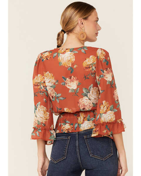 Image #4 - Wild Moss Women's Rust Floral Chiffon Bell Sleeve Blouse, Rust Copper, hi-res