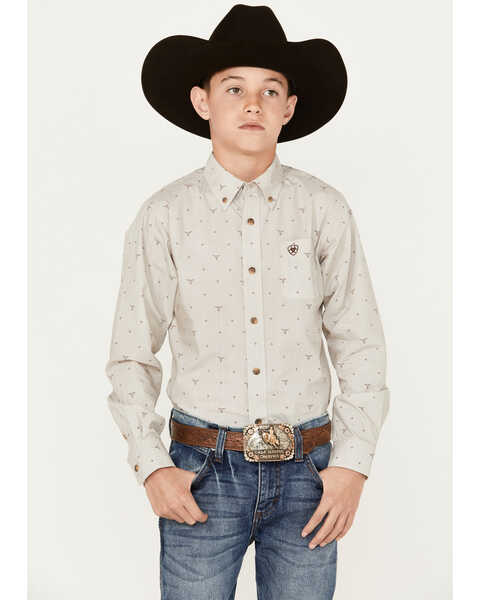 Image #1 - Ariat Boys' Beau Geo and Skull Print Long Sleeve Button-Down Shirt, Sand, hi-res